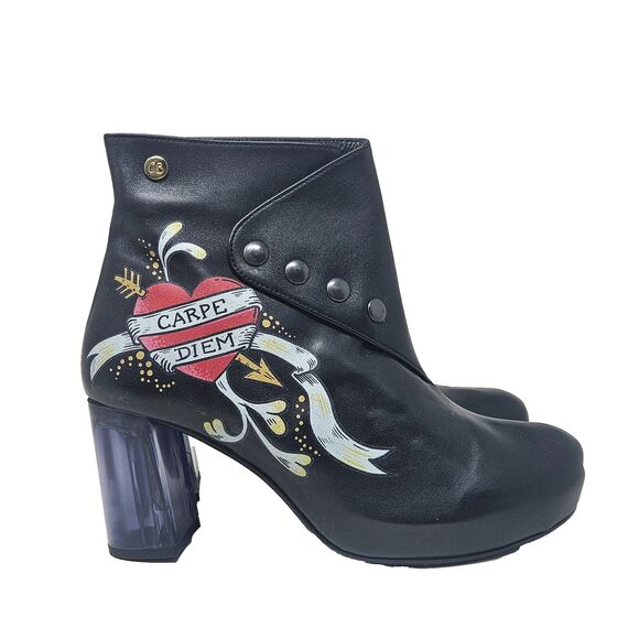 CHANII B Ankle Boot Carpe Diem Black Tattoo 41 Leather Limited Edition Glam Rock - Picture 2 of 16